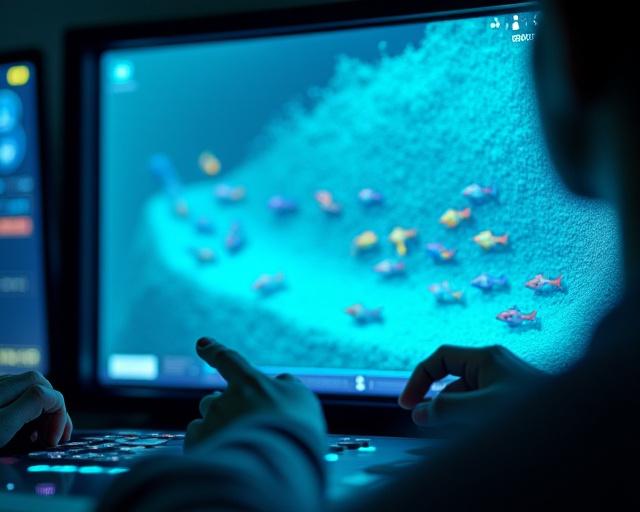 Schermo di un sistema sonar avanzato che mostra un banco di pesci